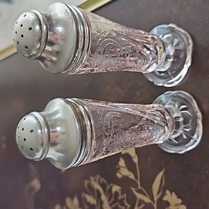 SOLD   Royal Lace Pattern Pink Depression Glass Salt and Pepper Shakers Set